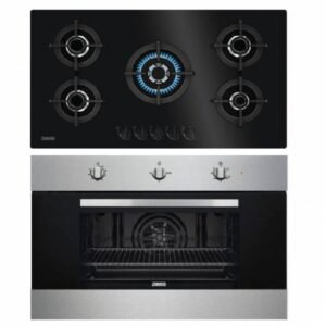 Zanussi ZGO98520BA Built-In Gas Cooker Hob With 5 Burners, 90 Cm - Black + Zanussi Built-In Gas Oven 90*60- Safty Oven +Gas Grill - Stainlessteel, ZOG9991X