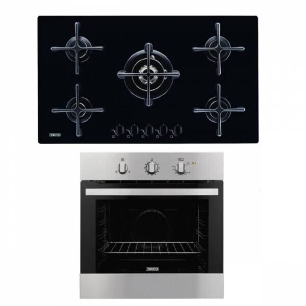 Zanussi ZGO96524BA Built-In Gas Cooker Hob With 5 Burners, 90 Cm - Black + Zanussi Built-In Gas Oven With Gas Grill, 60 Cm, Stainless Steel - ZOG10311XK