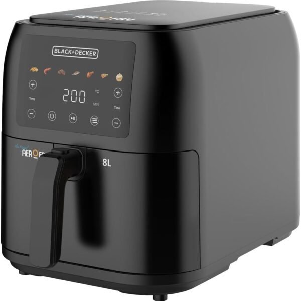 Black & Decker 1700W Air Fryer - 8L Capacity, Digital Touch Control, 7 Preset Functions, Adjustable Temp Timer, Rapid Air Convection, Shake Alert, Removable Crisper Plate - SAF80-B5.